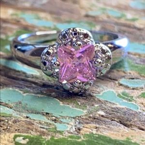 Silver and Pink Princess Cut CZ Ring